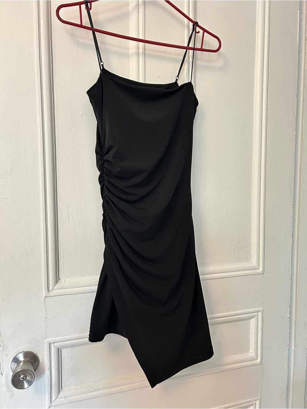 Black Ruched Mini Dress with Asymmetric Hem